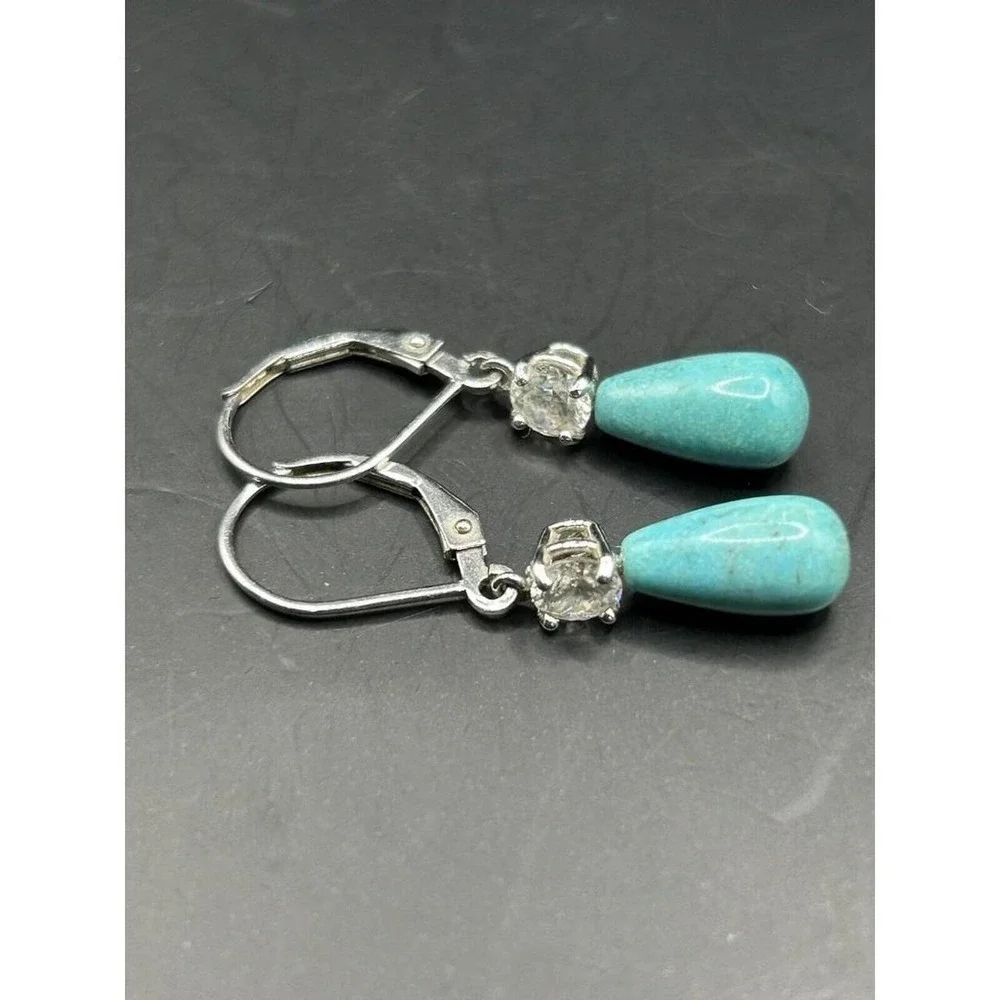 Turquois 925 Sterling Silver CZ  Dangle Drop Earrings 2.15 Grams